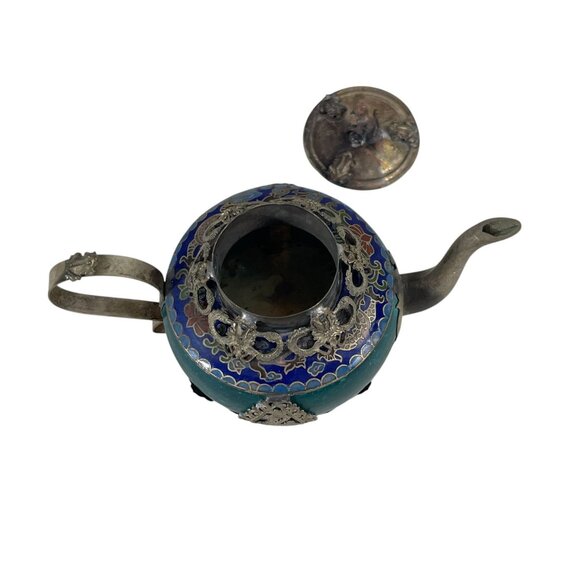 Antique Cloisonné Teapot With Silver-Plated Details & Intricate Design - Picture 5 of 9